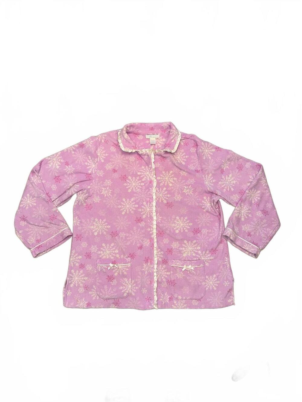 Vtg Lizwear Liz Claiborne Pink Fleece Pajama Top Snowflake Ruffle Button Up XL